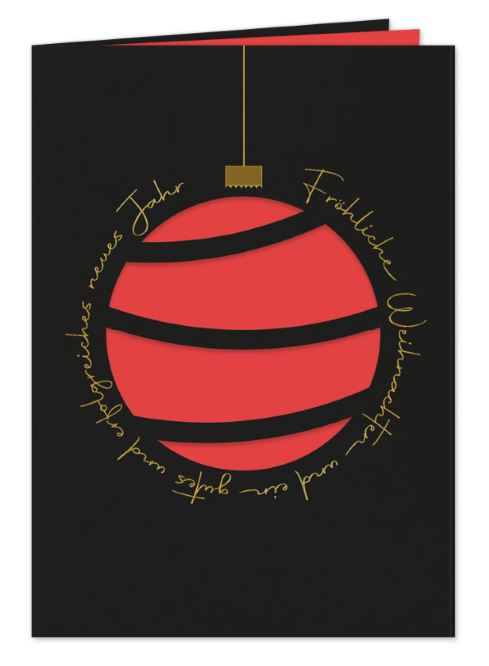 Exklusive Firmenweihnachtskarte „Moderne Stanzkugel“ in schwarz mit Goldprägung, Stanzung und rotem Einlegeblatt