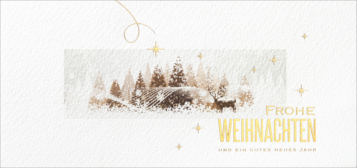 Weihnachtskarte creme Frohe Weihnachten und ein gutes neues Jahr mit Rentier, Bäumen und Sternen