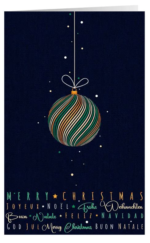 Elegante Weihnachtskarte "Christmas around the World" mit hängender Weihnachtskugel und internationalen Grüßen