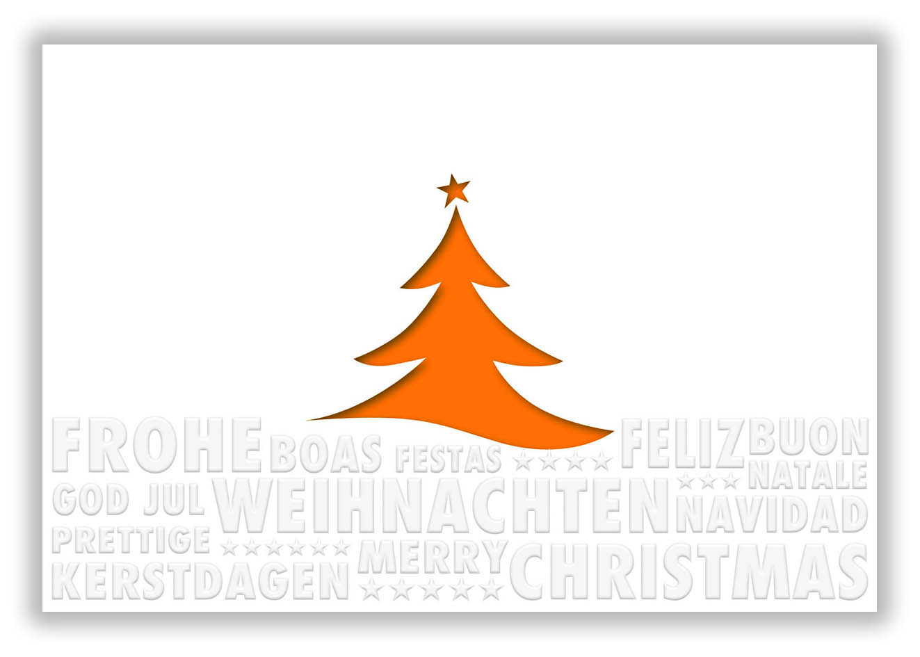 Mehrsprachige, cremeweiße Weihnachtskarte mit internationaler Relief-Blindprägung, Baumstanzung und orangenem Einlegebalatt