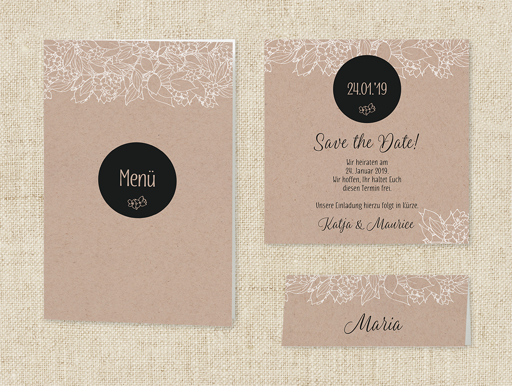 Set aus Menü-, Tisch- und Save the Date / Dankkarte in braun mit Blütenornament in weiß