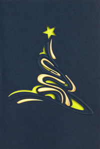 Weihnachtskarte nachtblau mit abstraktem Weihnachtsbaum grün
