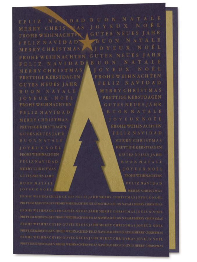 Dunkelblaue Weihnachtskarte im eleganten Design mit internationalen Grüßen und Stanzung, inkl. Falteinlegeblatt gold