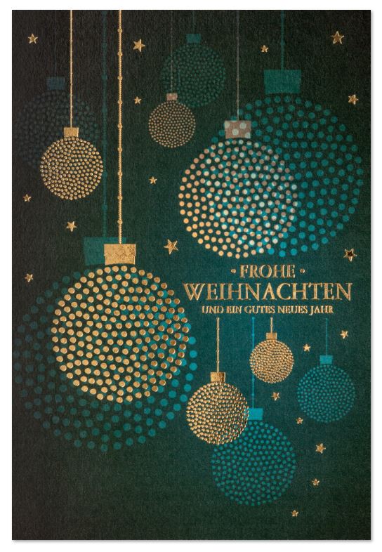 Türkisgrüne Weihnachtskarte "Edle Goldkugeln" mit Folienprägung von Gruß, Kugeln und kleinen Sternen