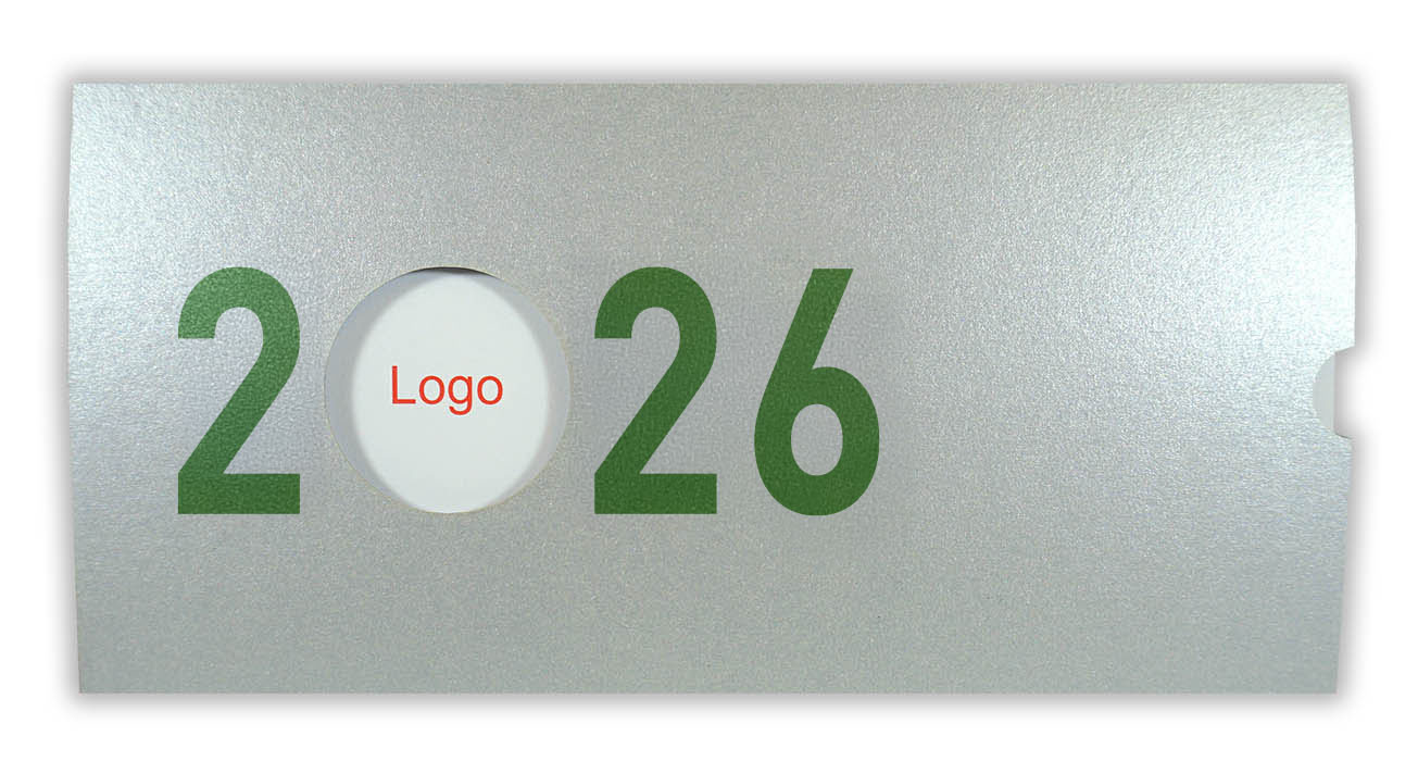 Silberne Neujahrskarte Metallic-Karton Schiebekarte für Jahreswechsel 2025 - 2026 mit Logo-Fenster