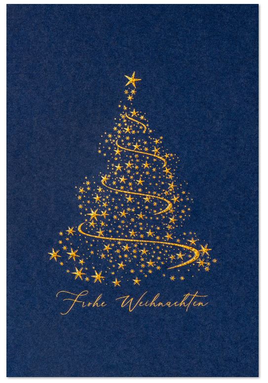 Klassische Spendenweihnachtskarte in Blau mit goldenem Sternenbaum und Gruß zugunsten: Deutsche Krebshilfe