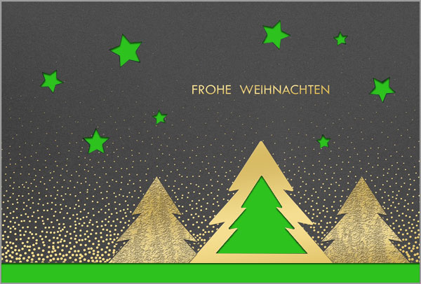 Dunkelgraue Weihnachtskarte mit gestanzten Tannen, Sternen und Goldprägung, Einleger grün