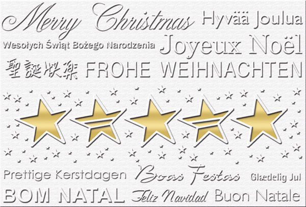 Weihnachtskarte in weiss mit Sternen und mehrsprachigem Weihnachtsgruß sowie goldenem Einleger