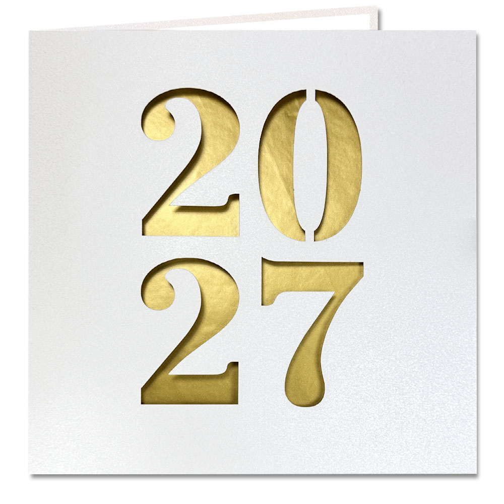 Weiße Metallic-Neujahrskarte mit Jahreszahl 2027 Stanzung und goldfarbenem Einlegeblatt