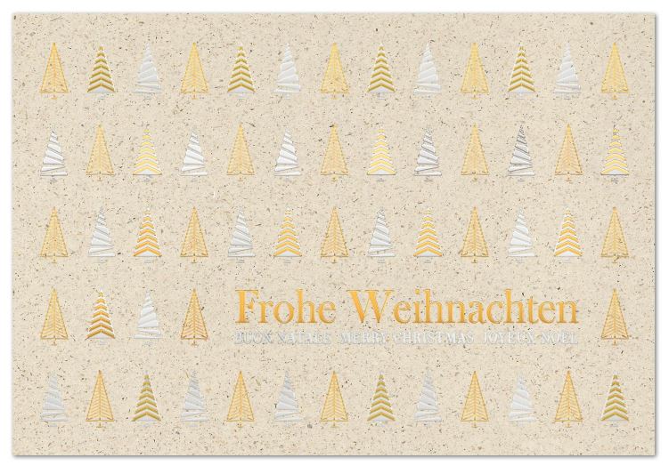 Graspapier-Weihnachtskarte mit Weihnachtsbäumen und internationalen Grüßen in Gold und Silber