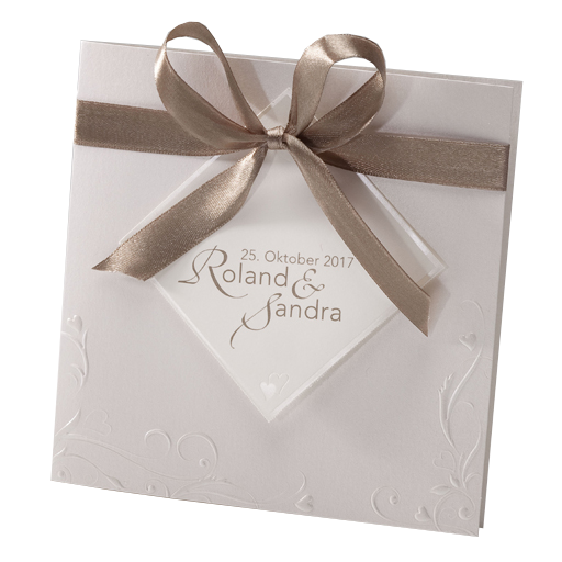Hochzeitskarte perlmutt - creme, quadratisch mit Einlegern und Satinband