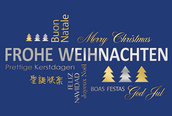 Weihnachtskarte blau metallic mit zweifarbiger Folienprägung international
