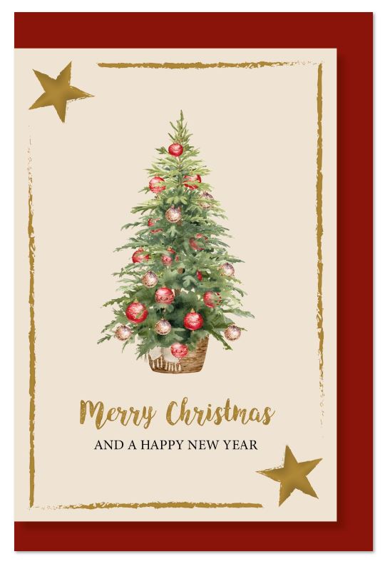 Traditionelle Weihnachtskarte mit festlich geschmücktem Weihnachtsbaum und englischem Weihnachtsgruß