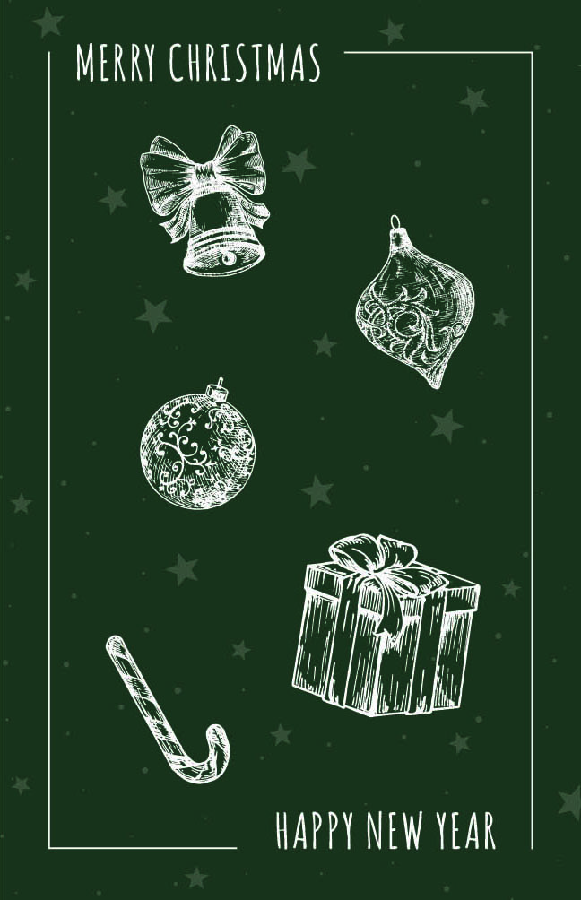 Stilvolle Weihnachtskarte in tannengrün "Weihnachtsallerlei" mit kleinen Weihnachtsmotiven und Sternenhintergrund sowie englischsprachigem Gruß