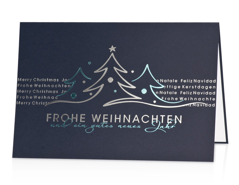 Weihnachtskarte nachtblau mit drei abstrakten Bäumen international