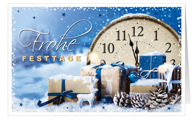 Grußkarte zu Weihnachten "Kurz vor Zwölf" mit Vintage Uhr und winterlicher Szene im Schnee
