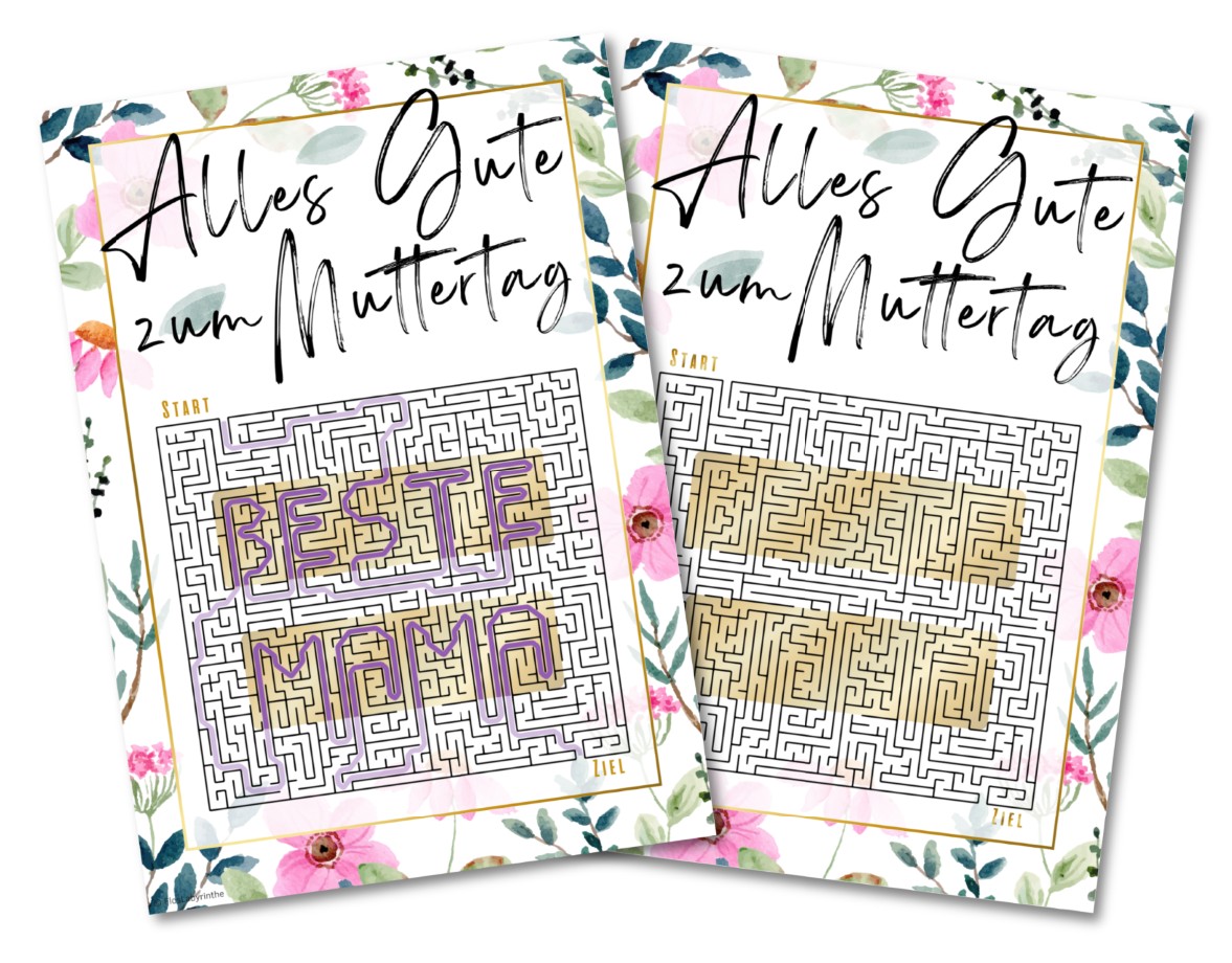Muttertags Glückwunschkarte als Labyrinth Rätselkarte mit Briefumschlag