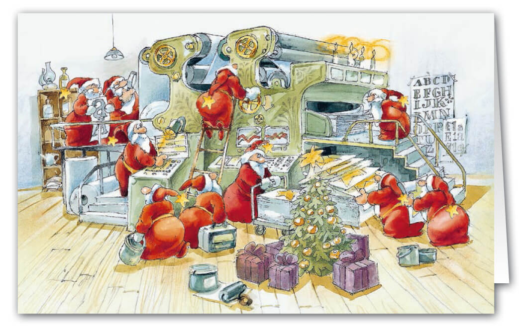 Weihnachtskarte als Branchenkarte für Druckerei und Verlagshaus mit Weihnachtbaum und Geschenken