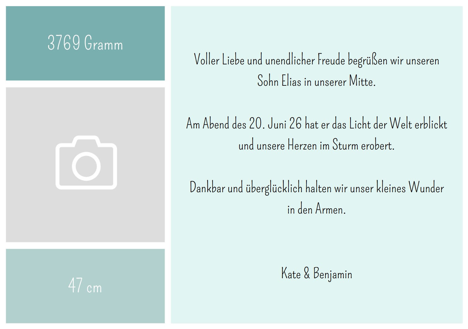 eukalyptus, pastell-türkis Personalisierbare Geburtskarte im modernen Steckbrief-Layout mit eigenen Fotos individuell zu gestalten