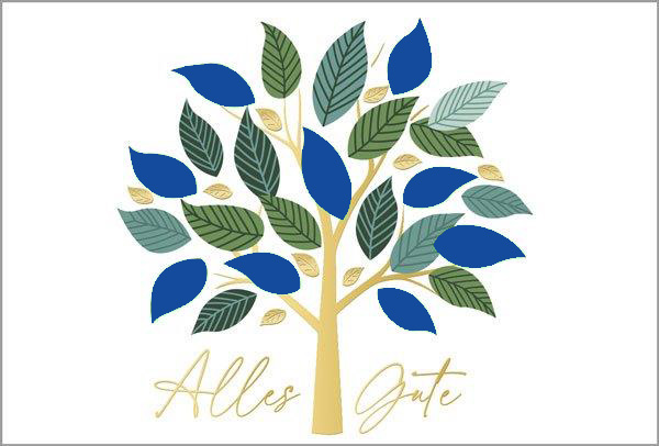 Weiße Glückwunschkarte "Lebensbaum" mit Stanzung, Goldfolienprägung und Einlegeblatt in blau