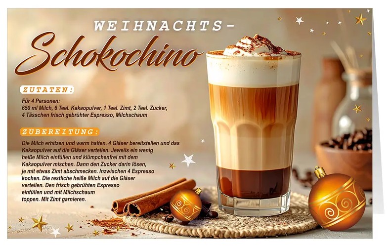 Rezept-Weihnachtskarte "Heiße Verführung" mit Zutatenliste und Zubereitung für leckeren Weihnachts-Schokochino