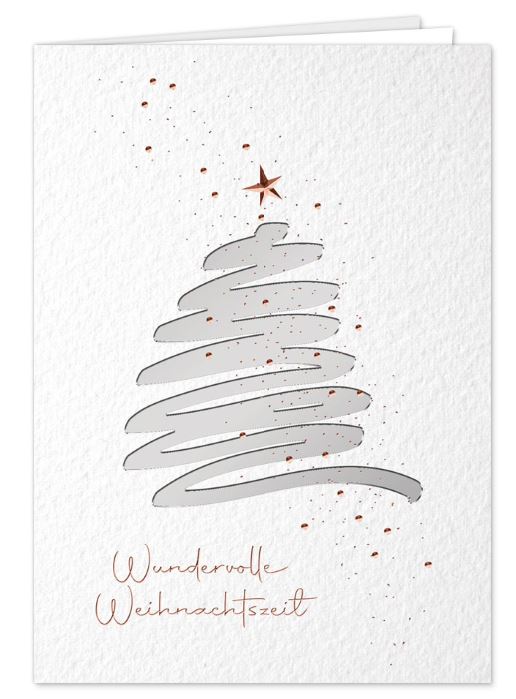 Elegante Festtagskarte in weiß mit Gruß "Wundervolle Weihnachtszeit" und abstraktem Baum in edler Prägung