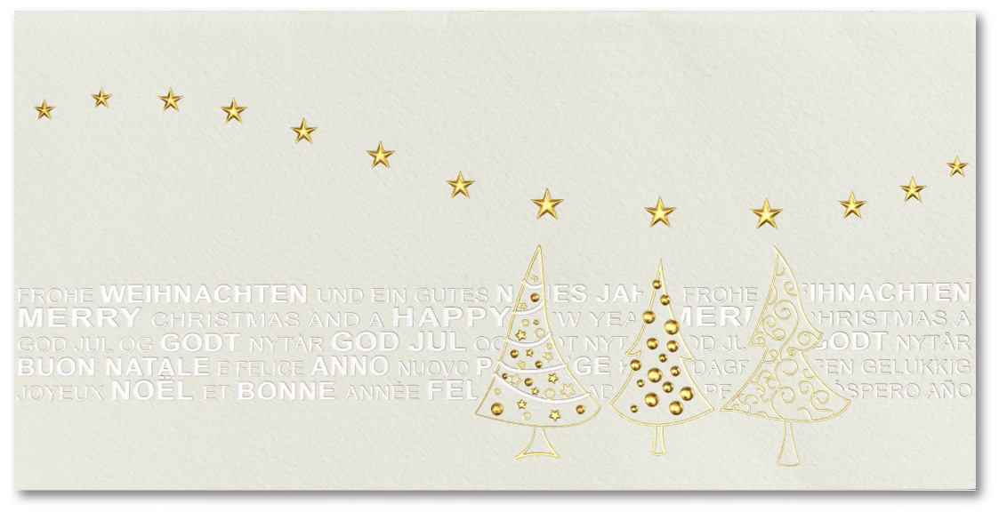 Weihnachtskarte creme silber gold international mit Weihnachtsbäumen und Sternen