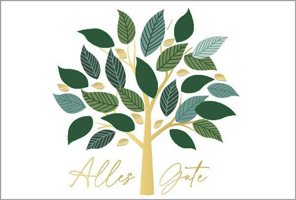 Weiße Glückwunschkarte "Lebensbaum" mit Stanzung, Goldfolienprägung und Einlegeblatt in waldgrün