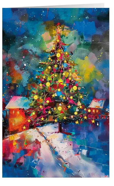Kunstvolle Weihnachtskarte "Magische Winternacht" mit funkelndem Weihnachtsbaum in bunten Farben