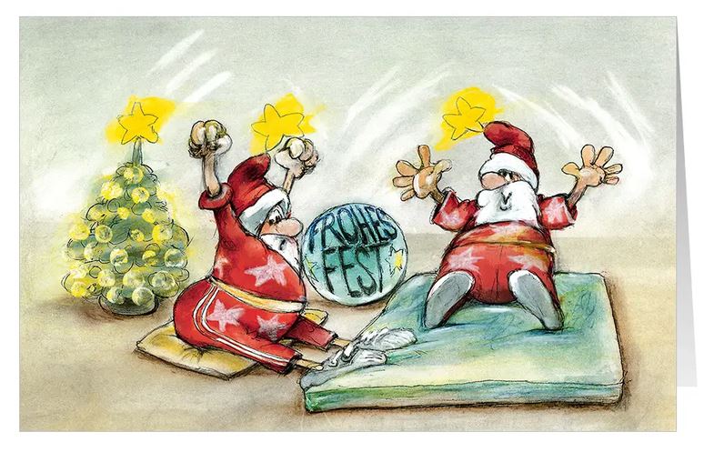 Humorvolle Weihnachtskarte "Bewegte Festtage" mit trainierenden Weihnachtsmännern, passend für Phystiotherapie