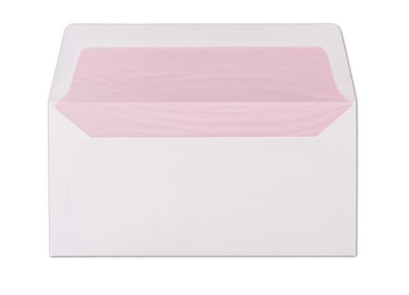 Briefumschlag DIN lang 22x11cm in weiß mit rosa Seidenfutter, nassklebend