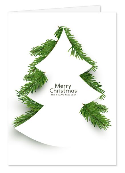 Moderne Design-Weihnachtskarte in Weiß und Grün mit grünen Tannenzweigen, Baum und englischem Gruß