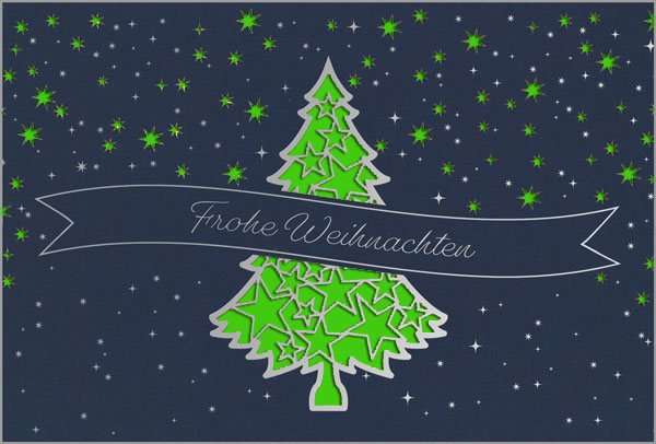Weihnachtskarte in dunkelblau mit Silberfoliendruck und Laserstanzung sowie Einleger in grün