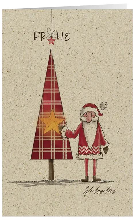 Humorvolle Weihnachtskarte aus Graspapierkarton "Karomuster" mit Weihnachtsgruß und Weihnachtsmann am Baum