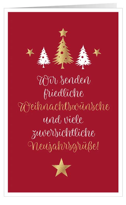 Rote Weihnachtskarte "Frieden und Zuversicht" mit Stern und Tannenbäumen sowie Spendenanteil: Ärzte ohne Grenzen