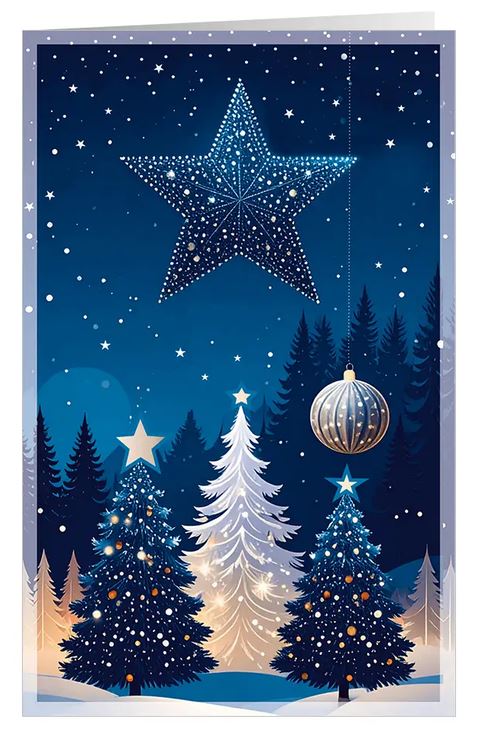 Stimmungsvolle Weihnachtskarte "Magische Sternennacht" mit geschmückten Tannen, Kugel und Stern