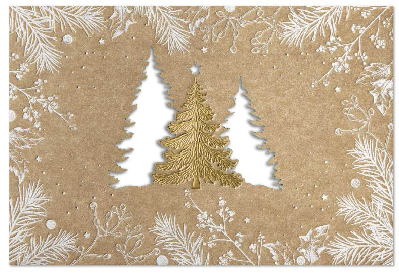 Weihnachtskarte mit gestanzten und goldenen Tannen, floralem Druck und Einleger in weiß