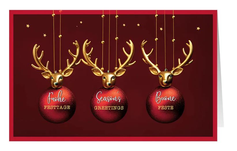 Elegante Weihnachtskarte "Goldener Rentierzauber" mit mehrsprachigen Weihnachtsgrüßen, Kugeln und Hirschköpfen