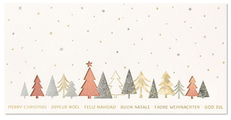 Stanz-Weihnachtskarte mit Folienprägung in gold und silber, internationalen Grüßen und Einleger in kupfer