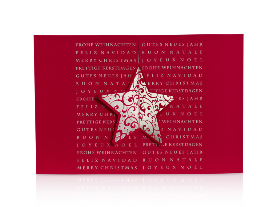 Weihnachtskarte rot mit Silberfolie und Sternkontur mehrsprachig