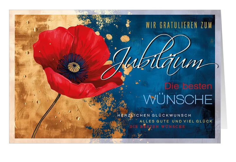 Glückwunschkarte zum Jubiläum mit roter Mohnblüte passend für Dienst- und Firmenjubiläum oder für private Zwecke