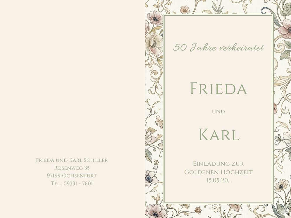 Jubiläumskarte als Einladung zur Goldenen Hochzeit "Glückliche Zeit" mit Ornamentverzierung 