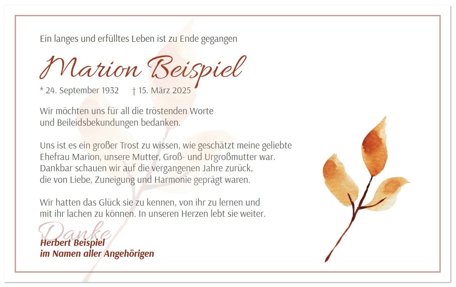 Trauer Danksagungskarte cremeweiß mit Motivdruck im herbstlichen Erdfarbton, im Beispiel Herbstlaub Zweig oder Blume.