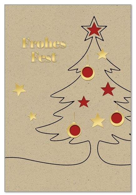 Naturbraune Weihnachtskarte "Glänzende Feiertage" mit Formstanzung und Goldfolienprägung, Einleger dunkelrot