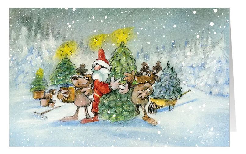 Lustige Weihnachtskarte "Fleißiges Gartenteam" für Garten- und Landschaftsbau, Gärtnerei, Baumschulen, Forstwirtschaft