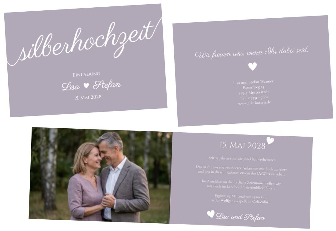 Silberhochzeit-Einladungskarte "Lavendel" als Klappkarte mit eigenem Foto und individuellem Einladungstext