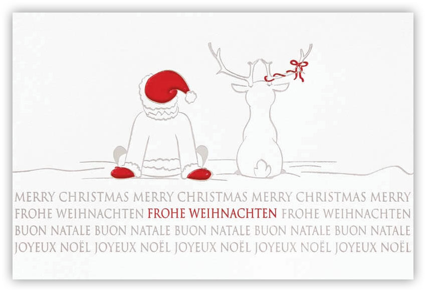 Lustige Weihnachtskarte weiß mit internationalen Weihnachtsgrüßen - Weihnachtsmann und Rentier