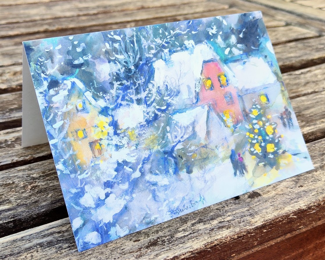 Weihnachtskarte mit einer Winterlandschaft, gemalt von der Künstlerin Sybille Fischer-Bradford.