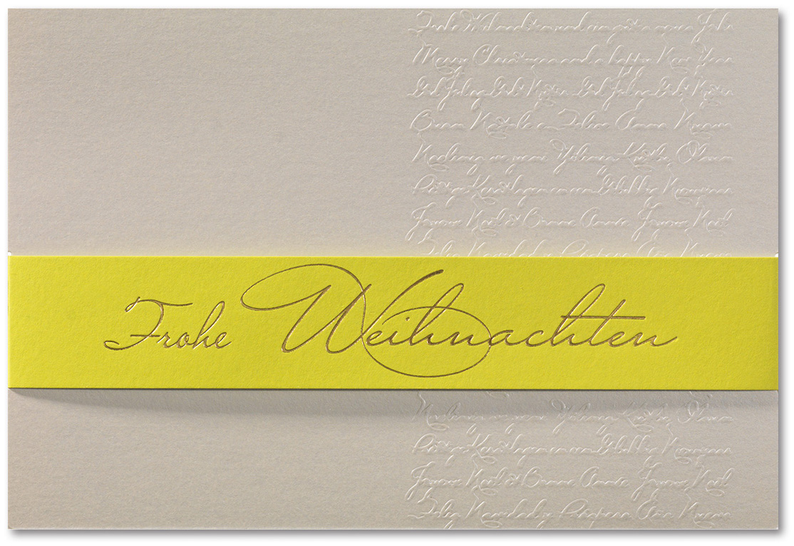 Weihnachtskarte creme metallic mit grellgelber Banderole international