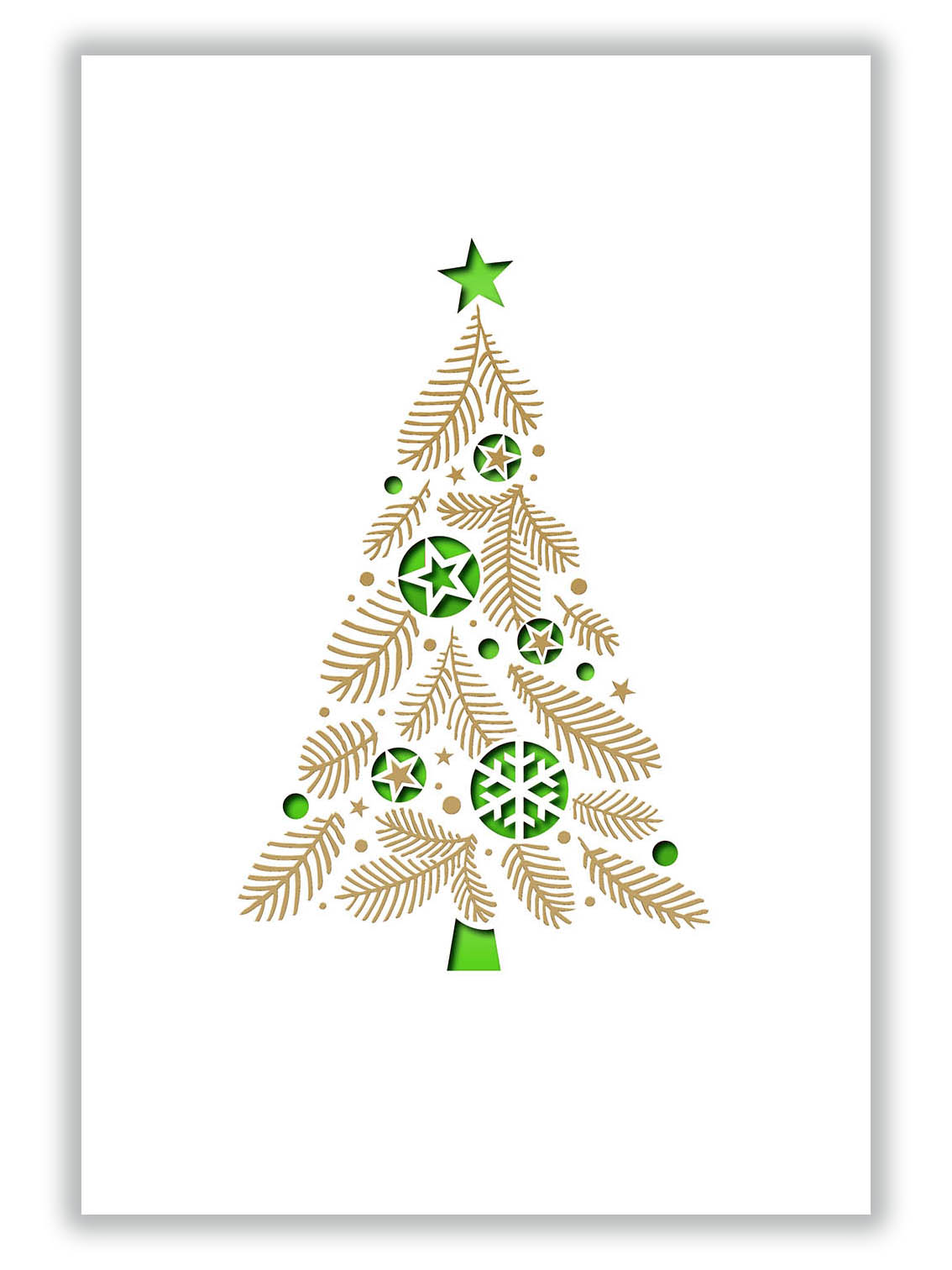 Weiße Weihnachtskarte im Hochformat, mit Stanzung von Baumkugeln, Goldfolienprägung und gruenem Falteinleger